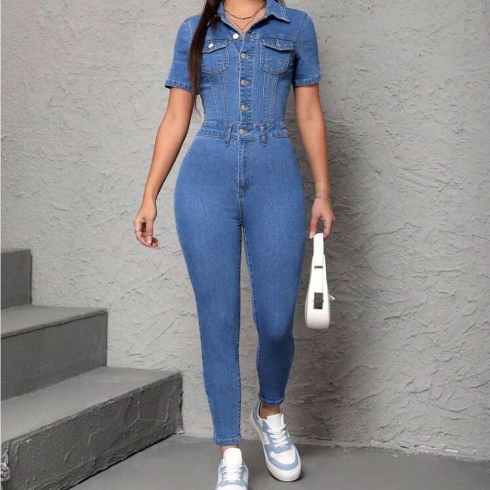 SHEIN Blue Denim Jumpsuit Petite Small